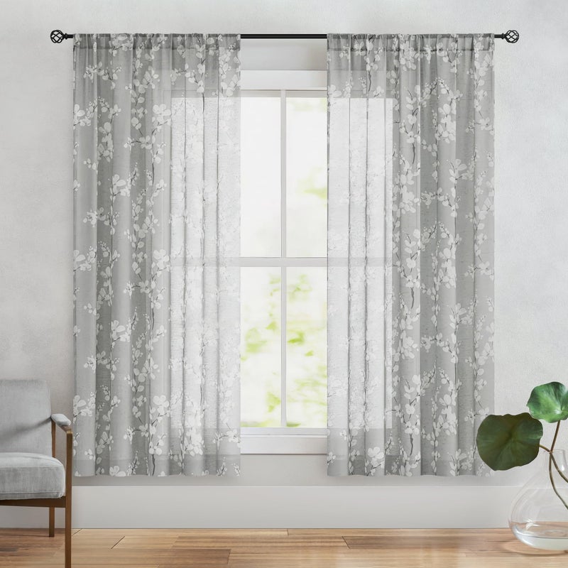 FMFUNCTEX Linen Sheer Curtains for Bedroom, Grey White Blossom Print Curtains 63 Inch Length for Living Room, Floral Patterned Farmhouse Curtain Light Filtering Window Drapes 2 Panels, Rod Pocket - Image 2